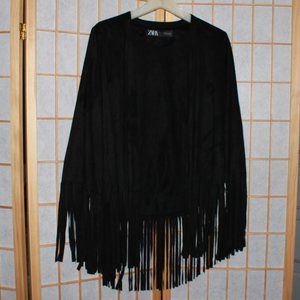 Zara Open Front Faux Suede Fringe Jacket